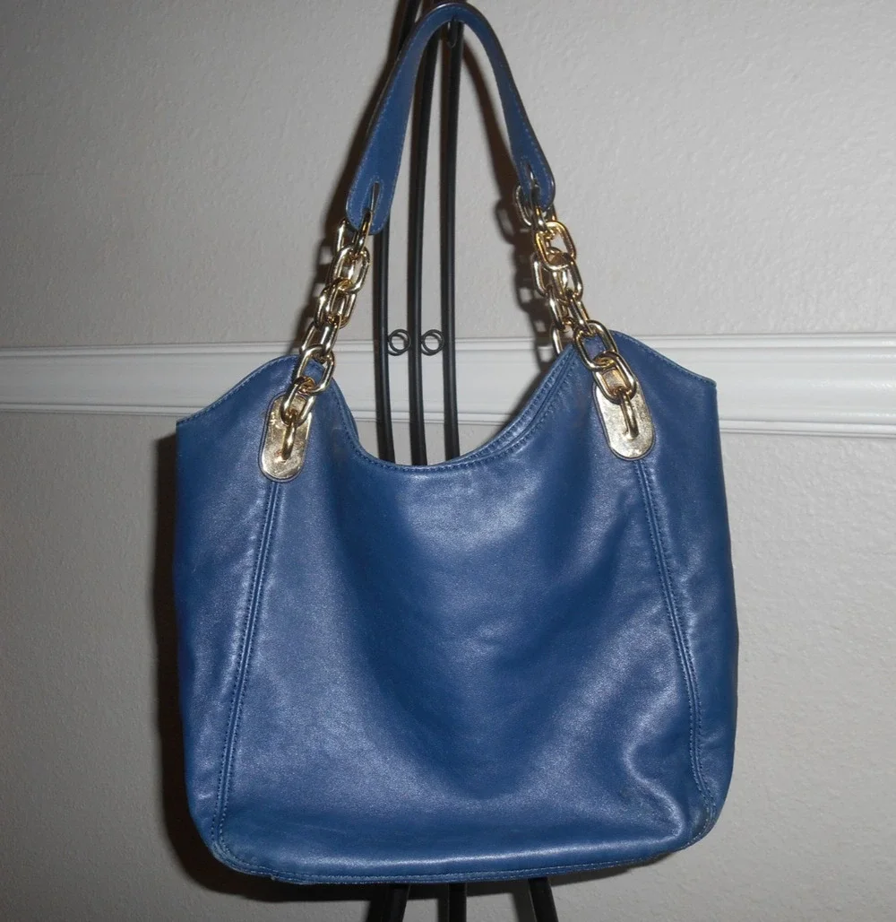 Michael Kors Fulton Large Navy Blue Pebbled Leather Hobo Shoulder Bag Gold